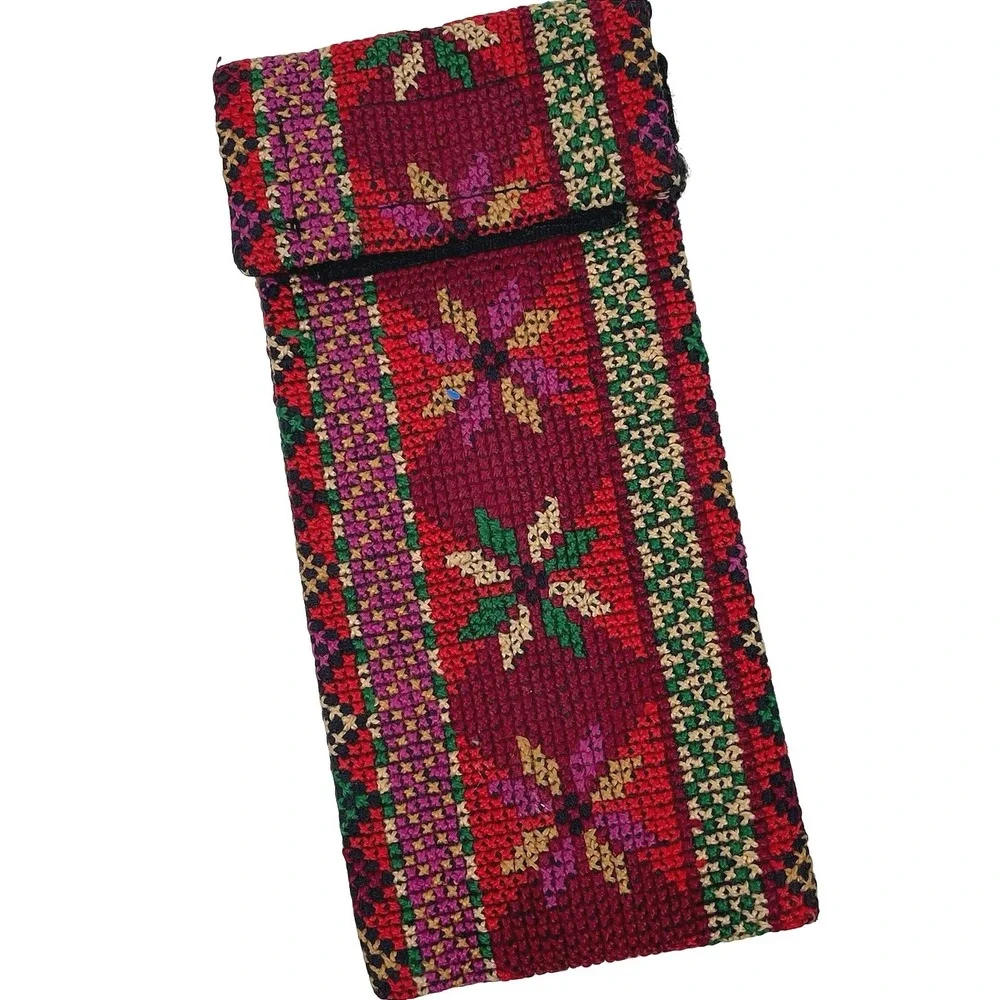 Vintage Needlepoint Floral Eyeglass Case Pouch Red Multi Cross Stitch Boho